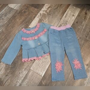 Peacolale Denim and Pink Lace Toddler Set